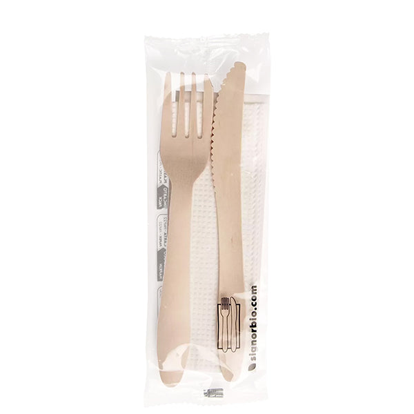 Posate Legno Naturale con Tovagliolo Conf. 50 Pz - Signor Bio