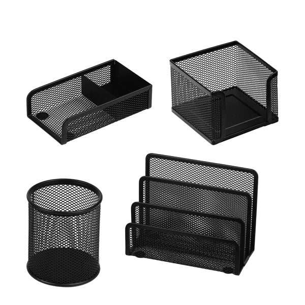 Set Scrivania 4 Accessori Rete Metallica Argento e Nero | Lebez