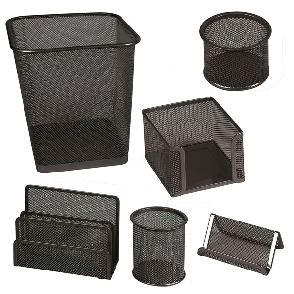 Set Scrivania 6 Accessori Rete Metallica Argento e Nero | Lebez