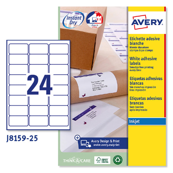 ETICHETTE ADESIVE IN CARTA AVERY J8159 ANGOLI ARROTONDATI -63,5x33,9mm - 24ET/FG 25 BIANCO