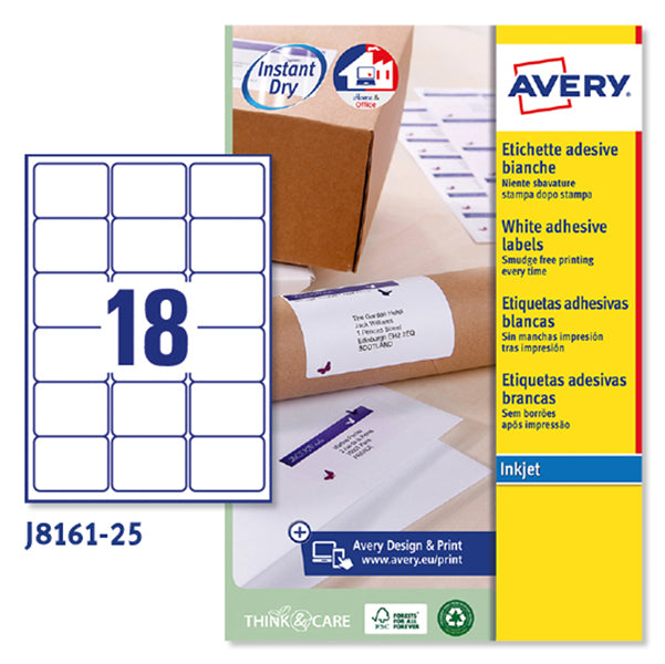 ETICHETTE ADESIVE IN CARTA AVERY J8161 ANGOLI ARROTONDATI INKJET PERMANTI 63,5x46,6mm - 18ET/FG 25 BIANCO