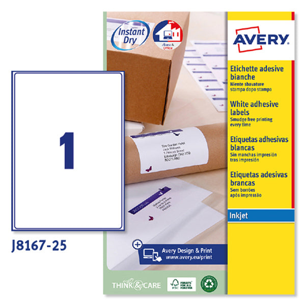 ETICHETTE ADESIVE IN CARTA AVERY J8165 ANGOLI ARROTONDATI INKJET PERMANENTI 199,6x289,1mm - 1ET/FG25 BIANCO