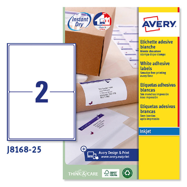 ETICHETTE ADESIVE IN CARTA AVERY J8168 PERMANENTI 199,6x143,5mm - 2ET/FG25 BIANCO