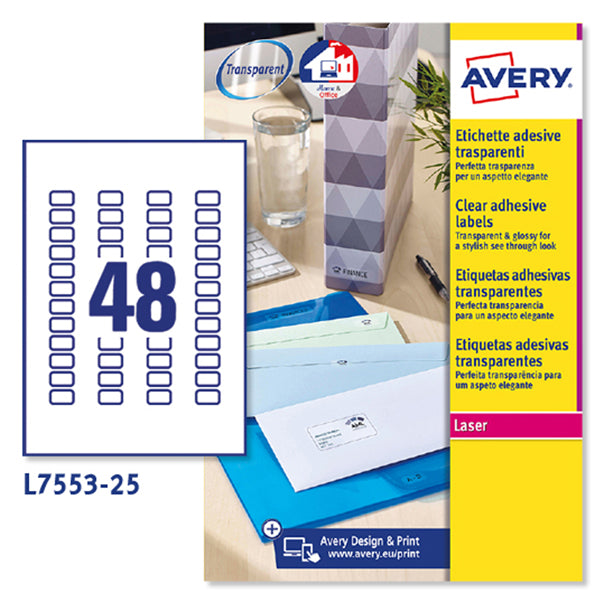 Etichette Adesive L7553 in Poliestere Laser Permanenti 22x12,7mm – 48 et/fg – 25 fogli – Trasparente – Avery