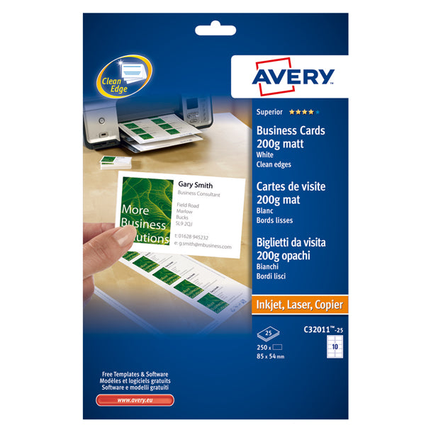 BIGLIETTI DA VISITA AVERY 85x54 mm 200 gr EFFETTO OPACO BIANCO CONF. 25 FG.10 BPBLIETTI