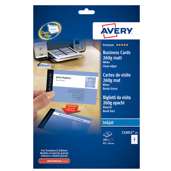 BIGLIETTI DA VISITA AVERY 85x54 mm 260gr EFFETTO OPACO BIANCO CONF. 25 FG.8 BIGLIETTI
