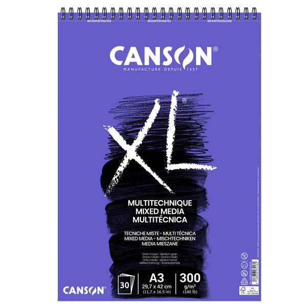 Album XL Mix Media Spiralato Lato Corto 300 gr Grana Media 30 Fogli A4 e A3 per Tecniche Miste | Canson
