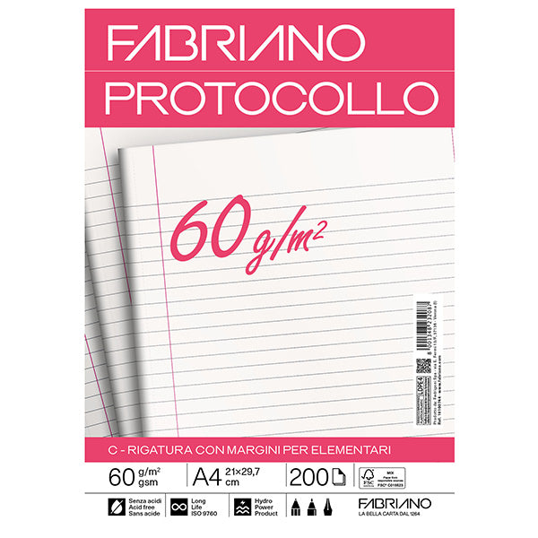 Fogli Protocollo A4 60 gr Pura Cellulosa ECF Acid-Free 5 Rigature Conf. 200 pz - Fabriano