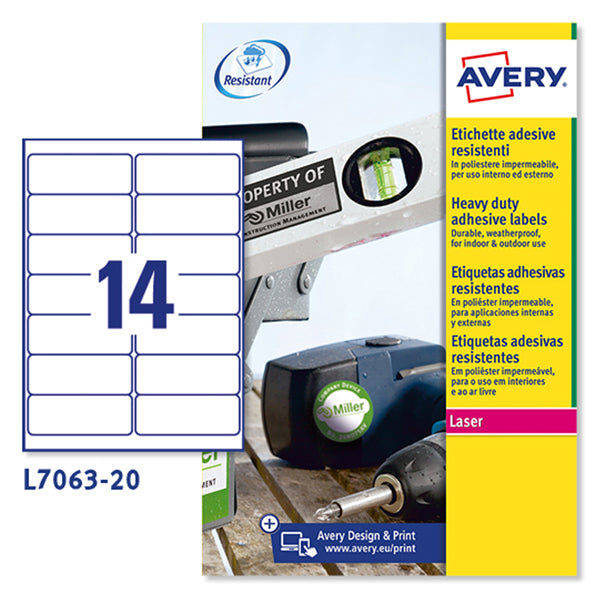 Etichette Adesive Extra Strong L7063 in Poliestere Laser Permanenti 99,1 × 38,1 mm – 14 etichette per foglio – 20 fogli – Bianco – Avery