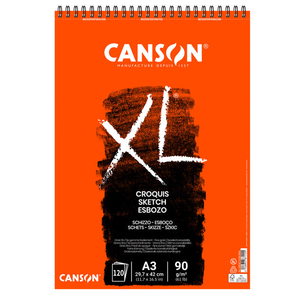 Album XL Croquis Spiralato Lato Corto 90 gr Senza Acidi Microperforato 120 Fogli A4 e A3 | Canson