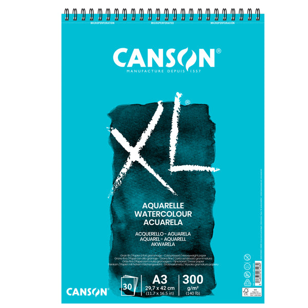 Album XL Aquarelle Spiralato Lato Corto 300 gr Grana Fine 30 Fogli A4 e A3 per Acquerello | Canson