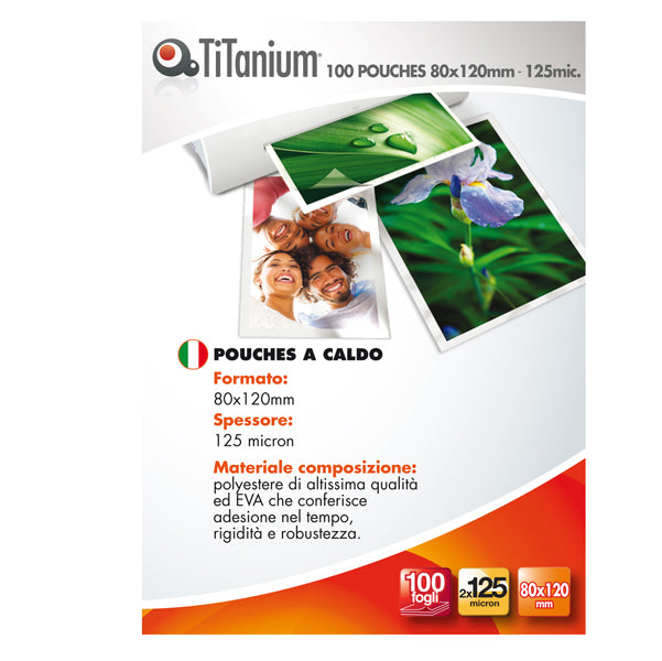 POUCHES TITANIUM PER PLASTIFICARE SWISS CARD 80X120 2X125 MICRON CONF.DA 100 PEZZI