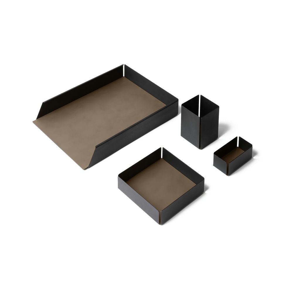 Set Scrivania Moiré Acciaio Nero e Cuoio Rigenerato 4 Accessori Coordinati 11 Colori Made in Italy - Eglooh