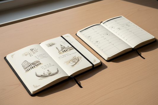 Agenda e taccuino Moleskine neri aperti su una scrivania in legno, con pagine color avorio e appunti creativi