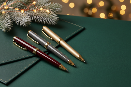 Tre penne Parker IM Line Up su una scrivania elegante con dettagli natalizi, idea regalo aziendale di Natale