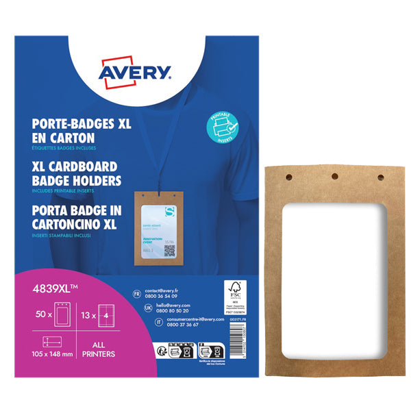Portabadge A6 in Cartoncino Plasticato Laser/Inkjet 105x148mm – Conf. 50 pezzi – Avery