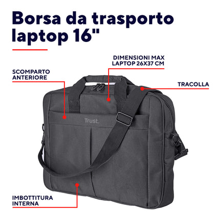 Borsa Laptop fino a 16" Scomparto Imbottito Tracolla Regolabile | Trust