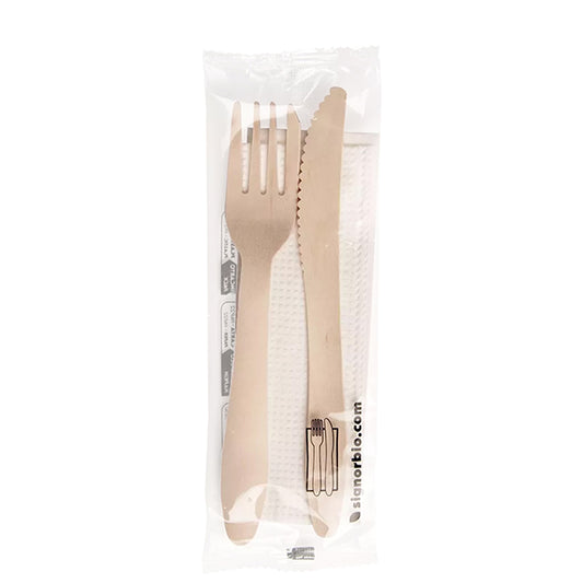 Posate Legno Naturale con Tovagliolo Conf. 50 Pz - Signor Bio