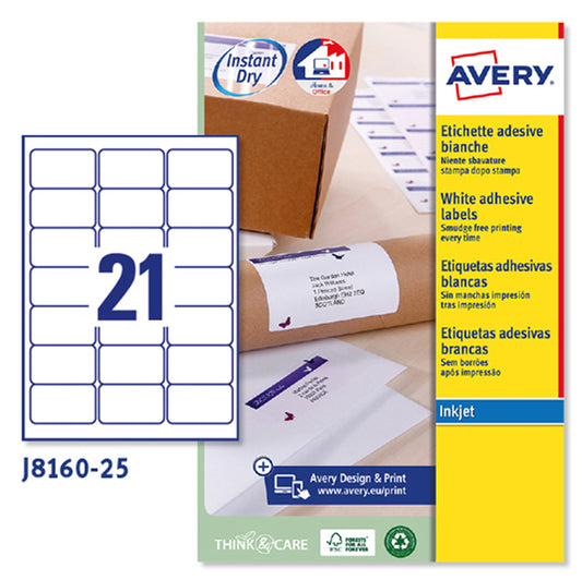 ETICHETTE ADESIVE  IN CARTA AVERY J8159 ANGOLI ARROTONDATI INKJET PERMANEN - 63,5x38,1mm - 21ET/FG 25 BIANCO
