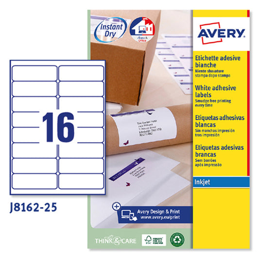 ETICHETTE ADESIVE  IN CARTA AVERY J8162 ANGOLI ARROTONDATI INKJET PERMANENTI 99,1x33,9mm - 16ET/FG5 BIANCO