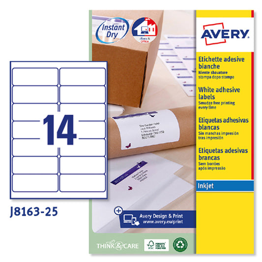 ETICHETTE ADESIVE  IN CARTA AVERY J8163 ANGOLI ARROTONDATI INKJET PERMANENTI 99,1x38,1mm - 14ET/FG25 BIANCO