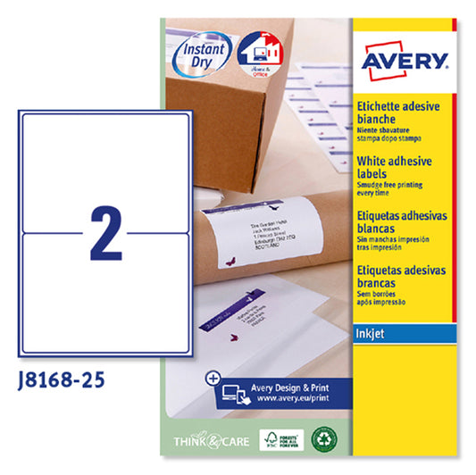 ETICHETTE ADESIVE  IN CARTA AVERY J8168 PERMANENTI 199,6x143,5mm - 2ET/FG25 BIANCO