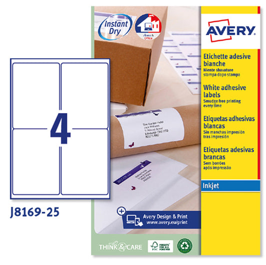 ETICHETTE ADESIVE  IN CARTA AVERY J8169 PERMANENTI 99,1x139mm - 4ET/FG25 BIANCO
