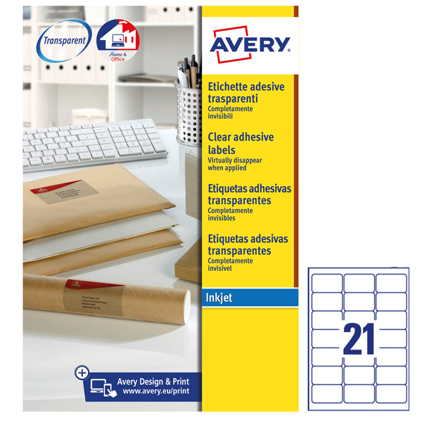 Etichette Adesive J8560 in Poliestere Inkjet Permanenti 63x38mm – 21 et/fg – 25 fogli – Trasparente – Avery