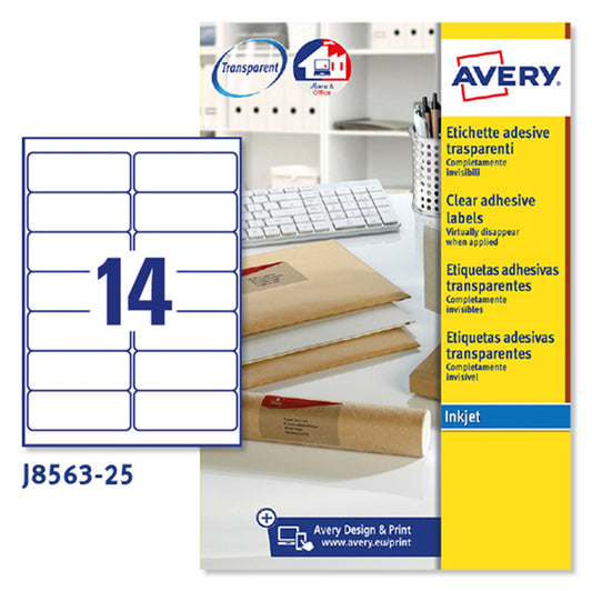 ETICHETTE ADESIVE AVERY J8563 IN POLIESTERE INKJET PERMANENTI 99,1x38,1mm - 14ET/FG.25 TRASPERENTE