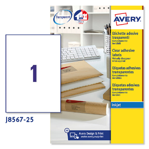 ETICHETTE ADESIVE AVERY J8567 IN POLIESTERE INKJET PERMANENTI 210x297mm - 1ET/FG.25 TRASPERENTE