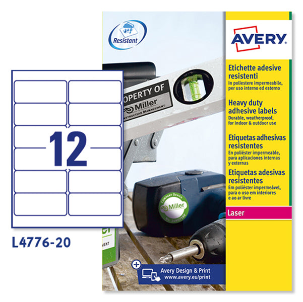 Etichette Adesive L4776 in Poliestere Laser Permanenti 99,1 × 42,3 mm – 12 etichette per foglio – 20 fogli – Bianco – Avery