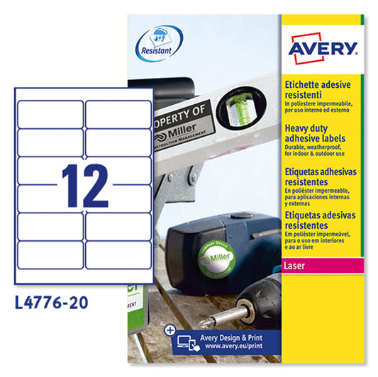 Etichette Adesive L4776 in Poliestere Laser Permanenti 99,1 × 42,3 mm – 12 etichette per foglio – 20 fogli – Bianco – Avery