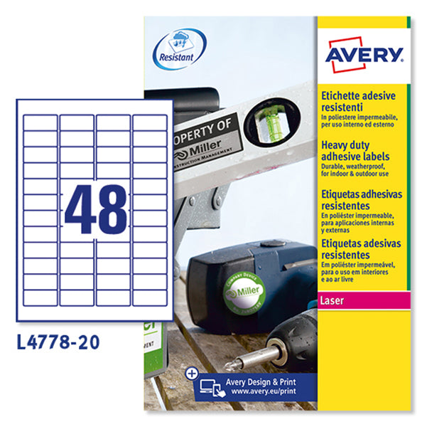 Etichette Adesive L4778 in Poliestere Laser Permanenti 45,7 × 21,2 mm – 48 etichette per foglio – 20 fogli – Bianco – Avery