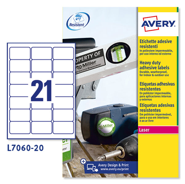 Etichette Adesive L7060 in Poliestere Laser Permanenti 63,5 × 38,1 mm – 21 etichette per foglio – 20 fogli – Bianco – Avery