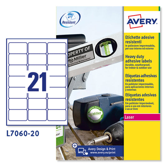 Etichette Adesive L7060 in Poliestere Laser Permanenti 63,5 × 38,1 mm – 21 etichette per foglio – 20 fogli – Bianco – Avery