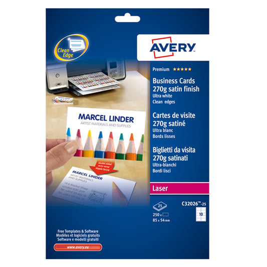 BIGLIETTI DA VISITA AVERY 85x54 mm  270gr EFFETTO SATINATO BIANCO CONF. 25 FG.10 BIGLIETTI