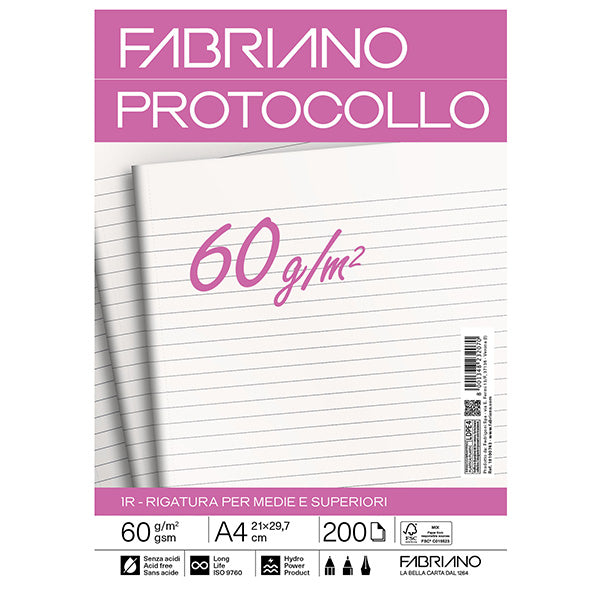 Fogli Protocollo A4 60 gr Pura Cellulosa ECF Acid-Free 5 Rigature Conf. 200 pz - Fabriano