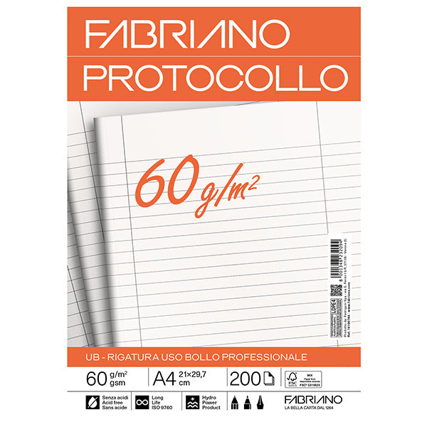 Fogli Protocollo A4 60 gr Pura Cellulosa ECF Acid-Free 5 Rigature Conf. 200 pz - Fabriano