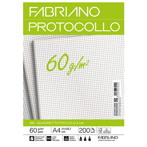 Fogli Protocollo A4 60 gr Pura Cellulosa ECF Acid-Free 5 Rigature Conf. 200 pz - Fabriano