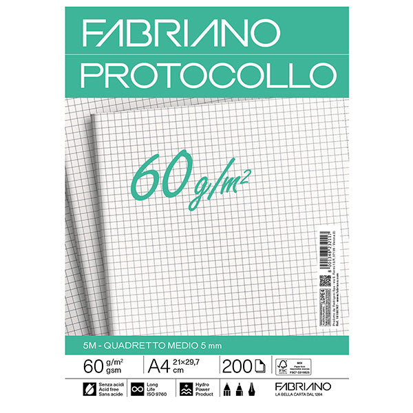 Fogli Protocollo A4 60 gr Pura Cellulosa ECF Acid-Free 5 Rigature Conf. 200 pz - Fabriano