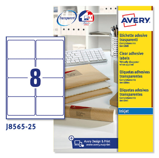 ETICHETTE ADESIVE AVERY J8565 IN POLIESTERE INKJET RIMOVIBILI 99.1x67,7mm - 8ET/FG.25 TRASPERENTE