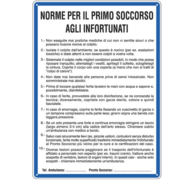 Cartello Segnalatore – Norme di Primo Soccorso agli Infortunati