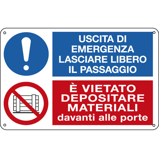 CARTELLO SEGNALATORE MULTISIMBOLO - USCITA DI EMERGENZA…/E' VIETATO DEPOSITARE…