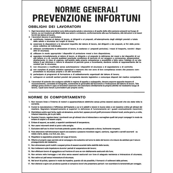 Cartello Segnalatore – Norme Generali Prevenzione Infortuni – 50x67 cm
