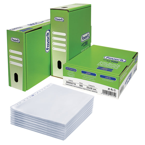 Buste forate la 500 linear lisce 22 x 30 cm trasparenti Favorit - 500 pezzi