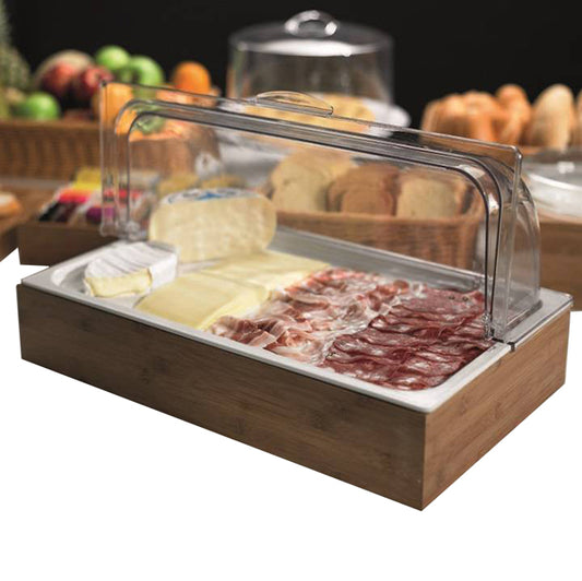 Set Espositore Buffet Acacia e Melamina 53x32 cm con Basi Refrigeranti e Coperchio HoReCa - Leone