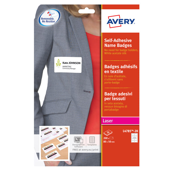 Etichette Badge in Seta Acetata Laser Rimovibili 80x50mm – 10 et/fg – 20 fogli – Bianco – Avery