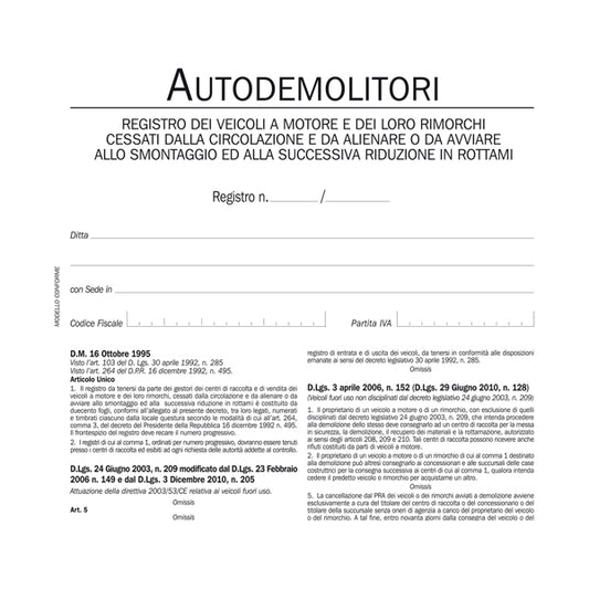 MODULISTICA-COD DU134020000-REGISTRO AUTODEMOLITORI- 200 PAGINE NUMERATE-