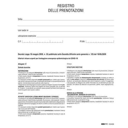 MODULISTICA-COD E2428- REGISTRO DELLE PRENOTAZIONI - 32 PAG- 31x24