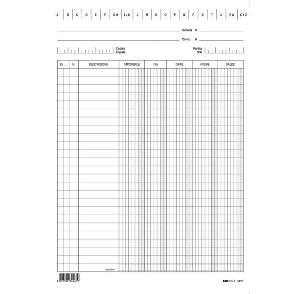 MODULISTICA-COD E3426BL- SCHEDE DARE/AVERE/SALDO/IVA- VERTICALE- 17x24 CF.100 PZ.